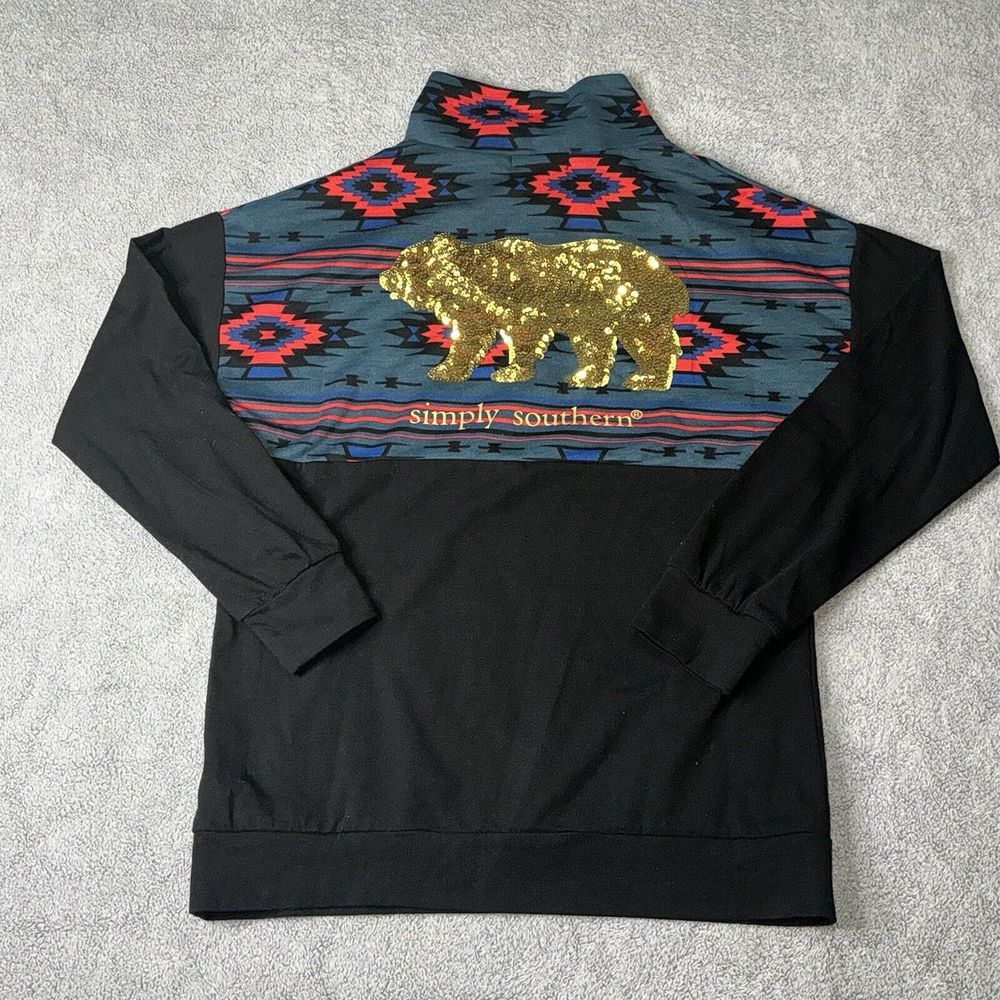 SIMPLY SOUTHERN Aztec 1/4 Zip‎ Pullover w/Gold Sequin Bear Size S
